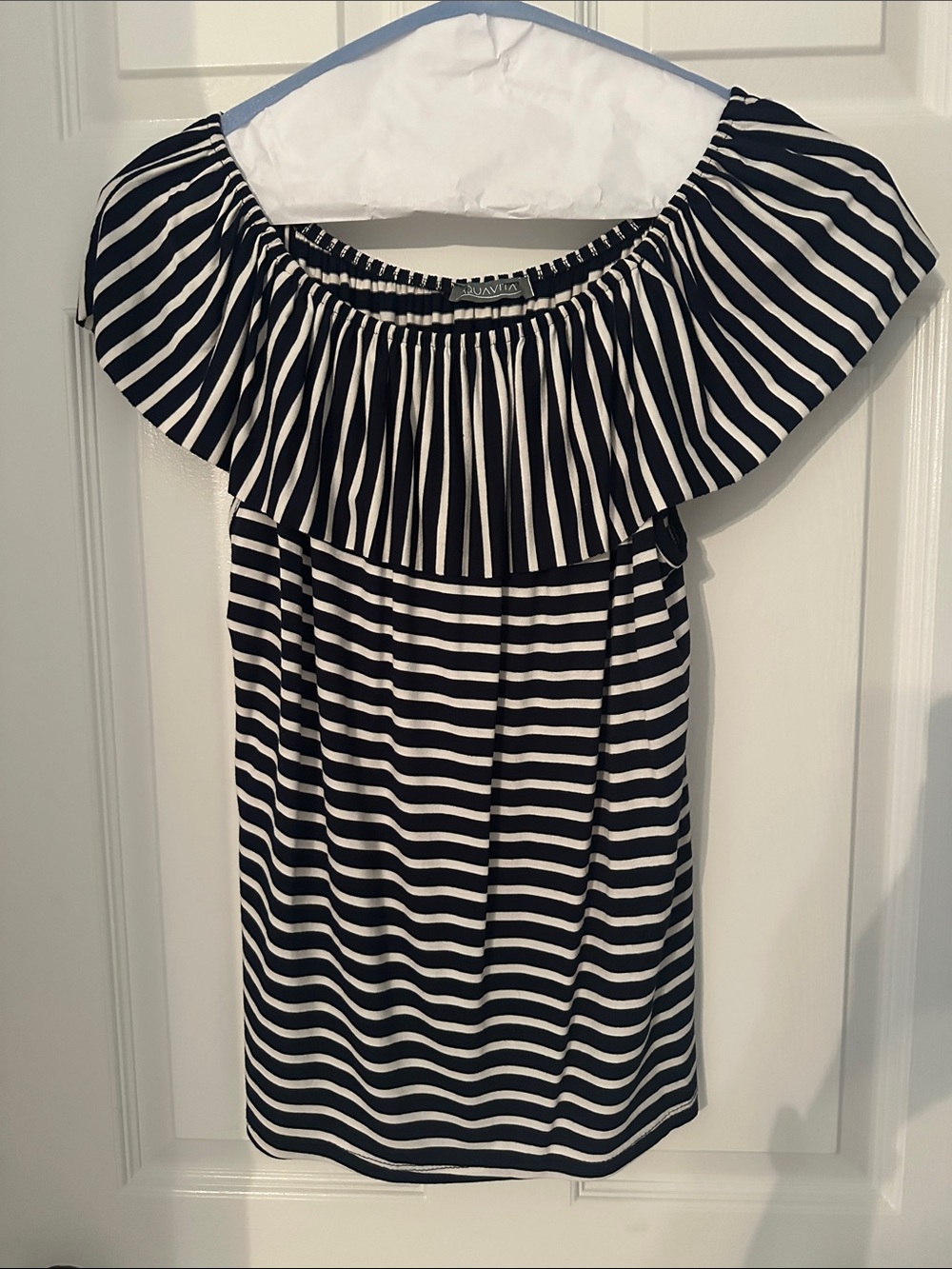 Aquavita off-the-shoulder striped ruffle top, navy,white, L